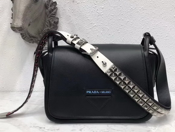 Prada Leather Shoulder Bag in Black Calfskin Leather