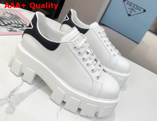 Prada Leather Sneakers White Black Triangle Logo on the Tongue and Heel Replica