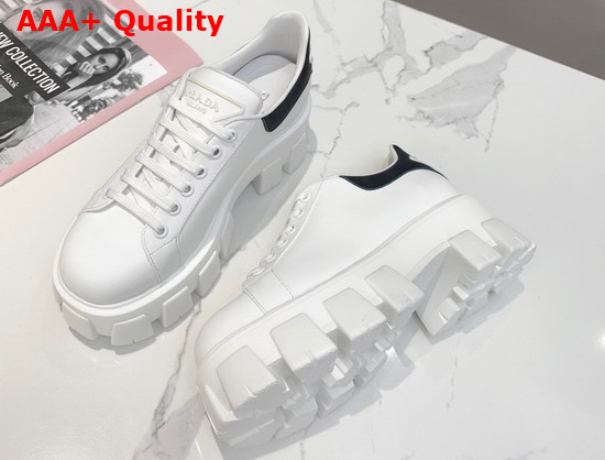 Prada Leather Sneakers White Black Triangle Logo on the Tongue and Heel Replica