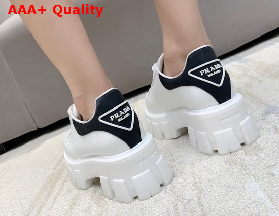 Prada Leather Sneakers White Black Triangle Logo on the Tongue and Heel Replica