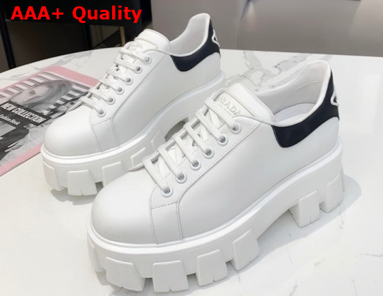 Prada Leather Sneakers White Black Triangle Logo on the Tongue and Heel Replica