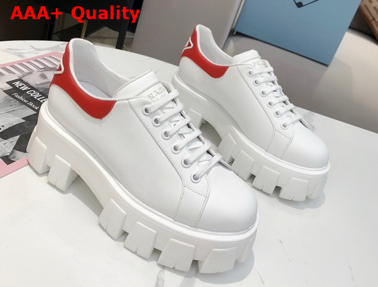 Prada Leather Sneakers White Red Triangle Logo on the Tongue and Heel Replica