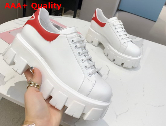 Prada Leather Sneakers White Red Triangle Logo on the Tongue and Heel Replica