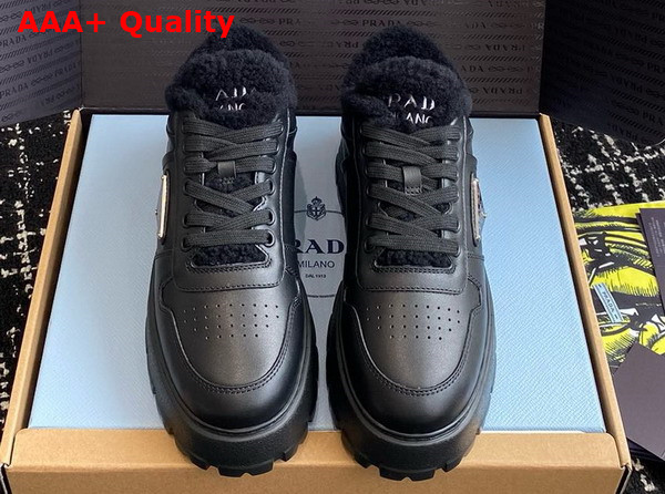 Prada Leather and Shearling Sneakers in Black 1E947M Replica