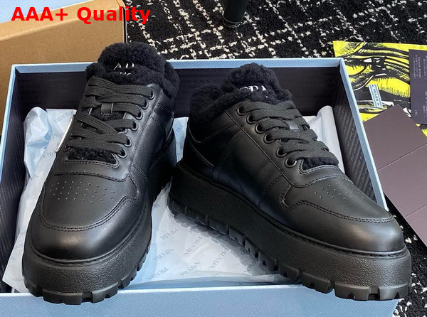 Prada Leather and Shearling Sneakers in Black 1E947M Replica