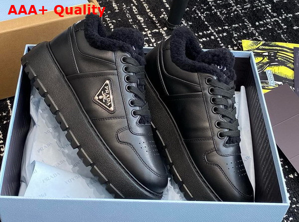 Prada Leather and Shearling Sneakers in Black 1E947M Replica