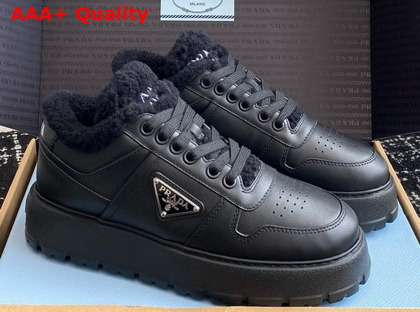 Prada Leather and Shearling Sneakers in Black 1E947M Replica