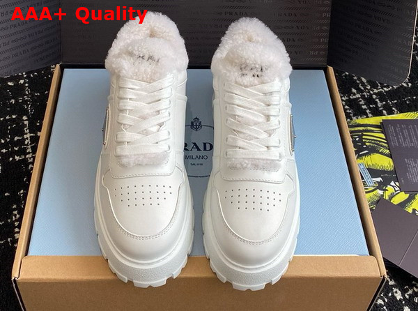 Prada Leather and Shearling Sneakers in White 1E947M Replica