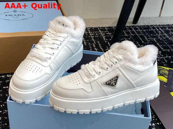 Prada Leather and Shearling Sneakers in White 1E947M Replica