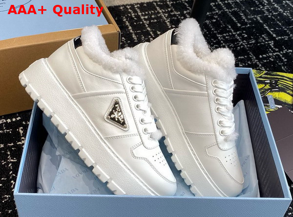 Prada Leather and Shearling Sneakers in White 1E947M Replica