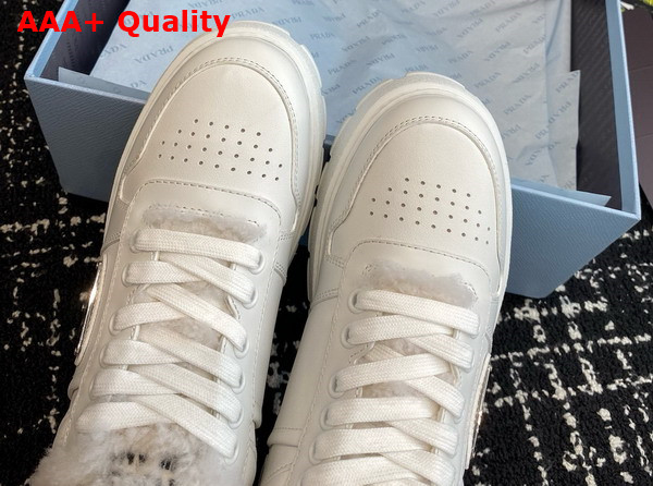 Prada Leather and Shearling Sneakers in White 1E947M Replica