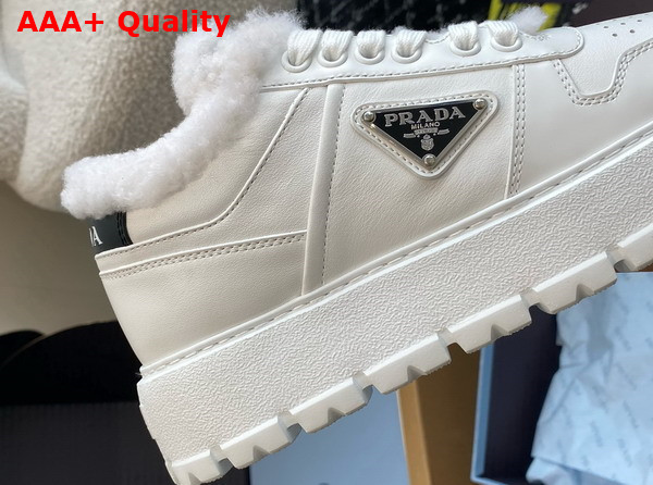 Prada Leather and Shearling Sneakers in White 1E947M Replica