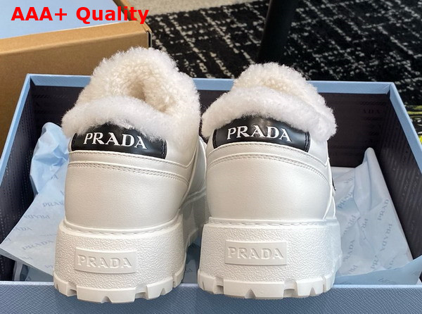 Prada Leather and Shearling Sneakers in White 1E947M Replica