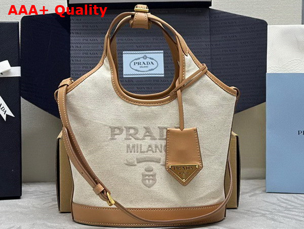 Prada Linen Blend and Leather Mini Buckle Bag in Natural 1BE074 Replica