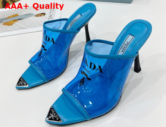 Prada Logo Print Plexiglas High Heel Slides in Blue Replica