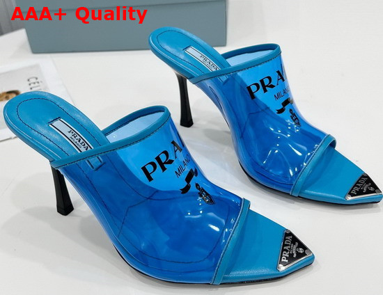 Prada Logo Print Plexiglas High Heel Slides in Blue Replica