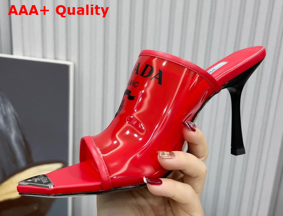 Prada Logo Print Plexiglas High Heel Slides in Red Replica