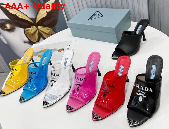 Prada Logo Print Plexiglas High Heel Slides in Red Replica