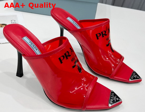 Prada Logo Print Plexiglas High Heel Slides in Red Replica