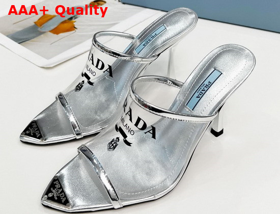 Prada Logo Print Plexiglas High Heel Slides in Silver 1XX635 Replica