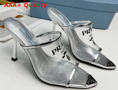 Prada Logo Print Plexiglas High Heel Slides in Silver 1XX635 Replica