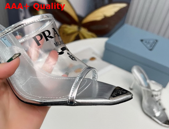 Prada Logo Print Plexiglas High Heel Slides in Silver 1XX635 Replica