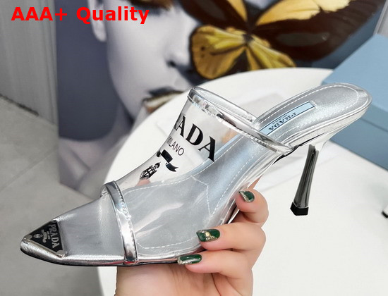 Prada Logo Print Plexiglas High Heel Slides in Silver 1XX635 Replica