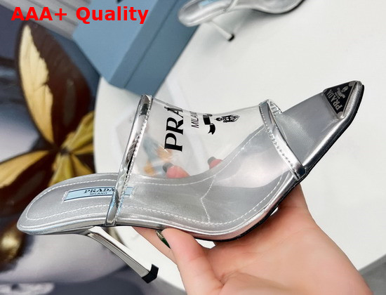 Prada Logo Print Plexiglas High Heel Slides in Silver 1XX635 Replica