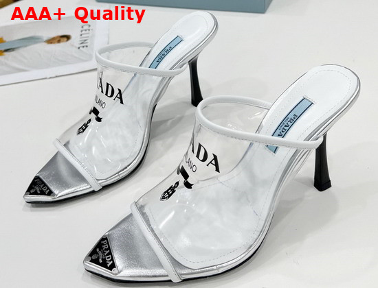 Prada Logo Print Plexiglas High Heel Slides in White Replica