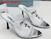 Prada Logo Print Plexiglas High Heel Slides in White Replica