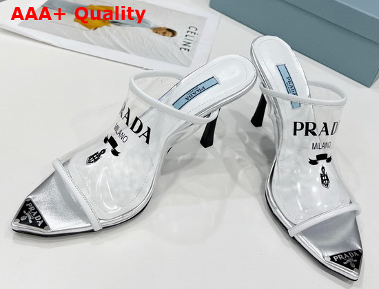 Prada Logo Print Plexiglas High Heel Slides in White Replica