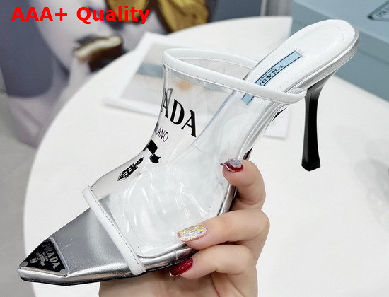 Prada Logo Print Plexiglas High Heel Slides in White Replica