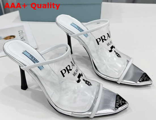 Prada Logo Print Plexiglas High Heel Slides in White Replica