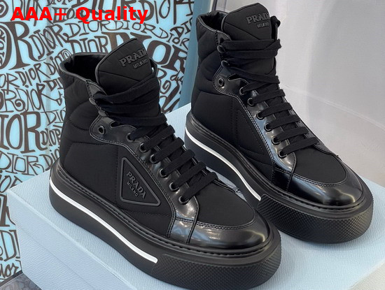 Prada Macro Re Nylon and Brushed Leather High Top Sneakers in Black 2TG183 Replica