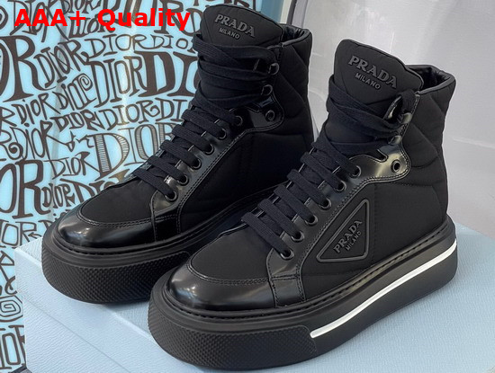 Prada Macro Re Nylon and Brushed Leather High Top Sneakers in Black 2TG183 Replica