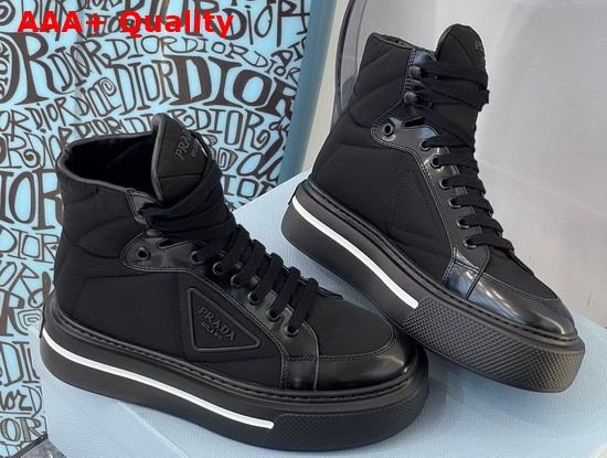 Prada Macro Re Nylon and Brushed Leather High Top Sneakers in Black 2TG183 Replica