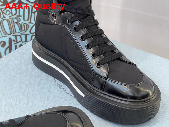 Prada Macro Re Nylon and Brushed Leather High Top Sneakers in Black 2TG183 Replica