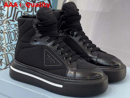 Prada Macro Re Nylon and Brushed Leather High Top Sneakers in Black 2TG183 Replica