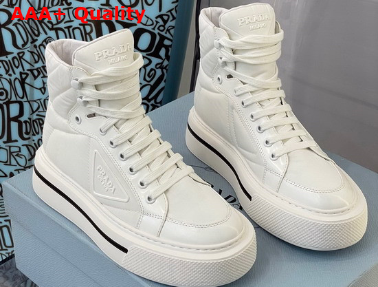 Prada Macro Re Nylon and Brushed Leather High Top Sneakers in White 2TG183 Replica