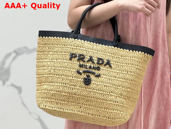 Prada Medium Crochet and Leather Tote Bag Tan and Black 1BG499 Replica