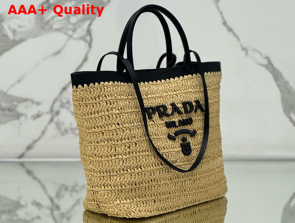 Prada Medium Crochet and Leather Tote Bag Tan and Black 1BG499 Replica