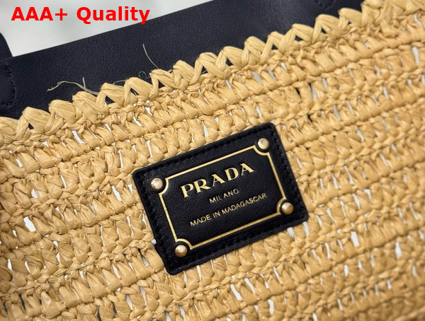 Prada Medium Crochet and Leather Tote Bag Tan and Black 1BG499 Replica