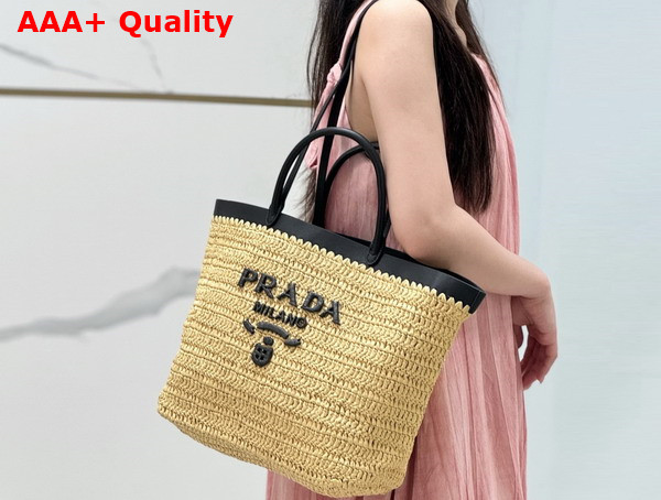 Prada Medium Crochet and Leather Tote Bag Tan and Black 1BG499 Replica