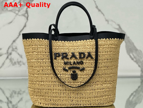 Prada Medium Crochet and Leather Tote Bag Tan and Black 1BG499 Replica