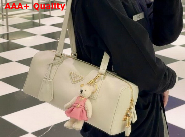 Prada Medium Leather Top Handle Bag with Padlock White 1BB127 Replica