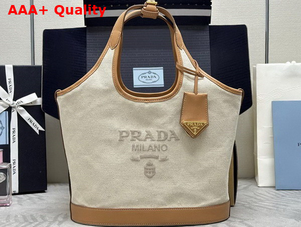 Prada Medium Linen Blend and Leather Tote Bag in Natural Color 1BG471 Replica