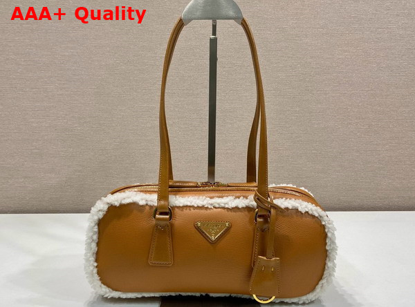 Prada Medium Shearling Two Handle Bag Cognac Natural 1BB124 Replica