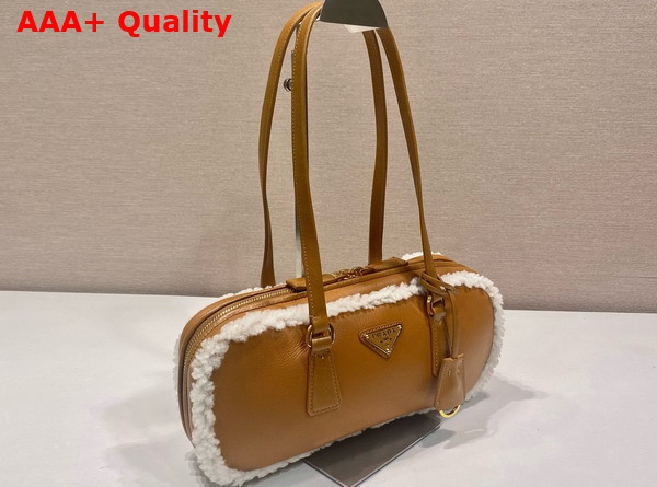 Prada Medium Shearling Two Handle Bag Cognac Natural 1BB124 Replica