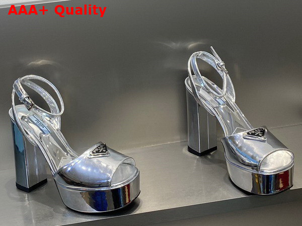 Prada Metallic Leather Platform Sandals in Silver 1XP48B Replica