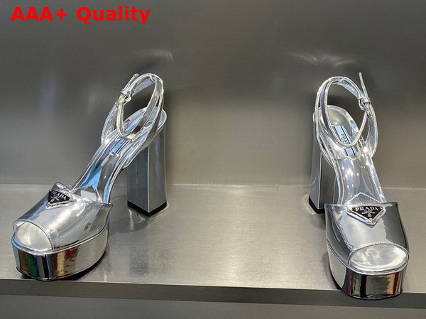 Prada Metallic Leather Platform Sandals in Silver 1XP48B Replica